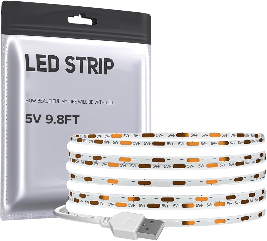 COB LED Strip Lights USB Powered DC5V 9.84FT 320LEDs White 6000K 8mm Width High CRI 90+ 5V 7W/m Flexible High Density for TV Backlight PC Bedroom Kitchen Home Decor