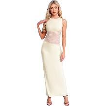 Choomomo Womens Backless Mesh Sheer Lace Patchwork Sleeveless Cut Out Long Maxi Dress Bodycon Clubwear