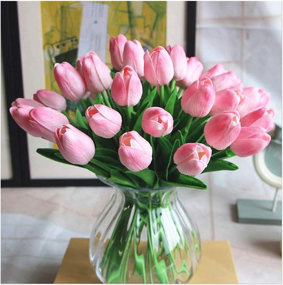 Image of Artificial Tulip Flower Stems (Pack of 5, Vase Not Included) ? Realistic Faux Flowers for Home Dcor, Living Room, Bedroom, Office, Wedding Decoration (Multi)