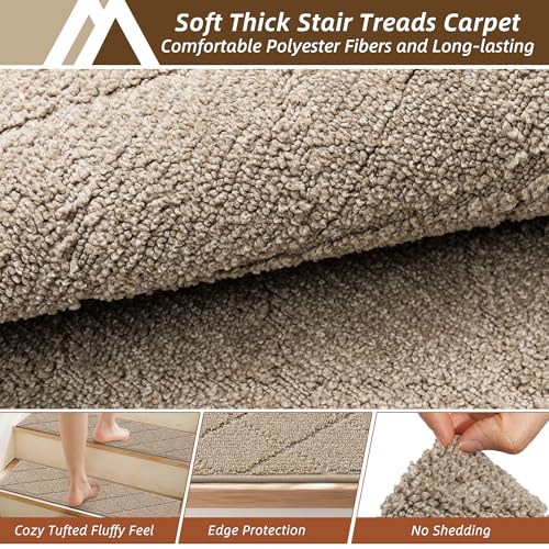 COSY HOMEER Edging Stair Treads Non-Slip Carpet Mat 28inX9in Indoor Stair Runners for Wooden Steps, Edging Stair Rugs for Kids and Dogs, 100% Polyester TPE Backing(4pc, Beige) - Thumbnail 4