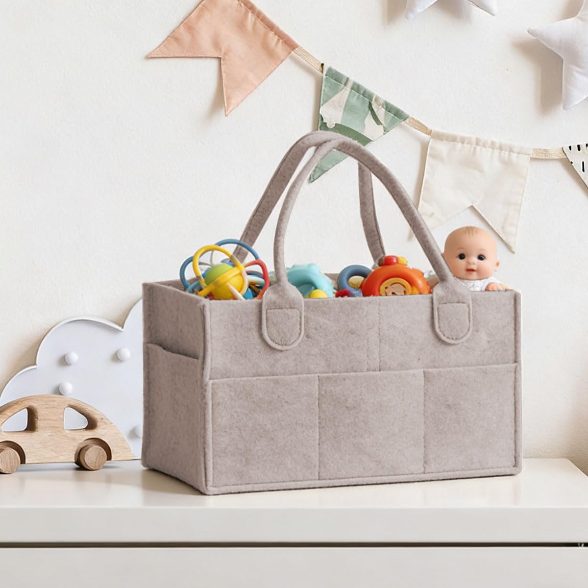 Panier Rangement BéBé Organisateur de Couches Bébé Panier de Rangement avec Compartiment Amovible Rangement Couches Bebe Pour Lingettes Humides Et Articles Pour Bebe 33 x 23 x18cm (Kaki)
