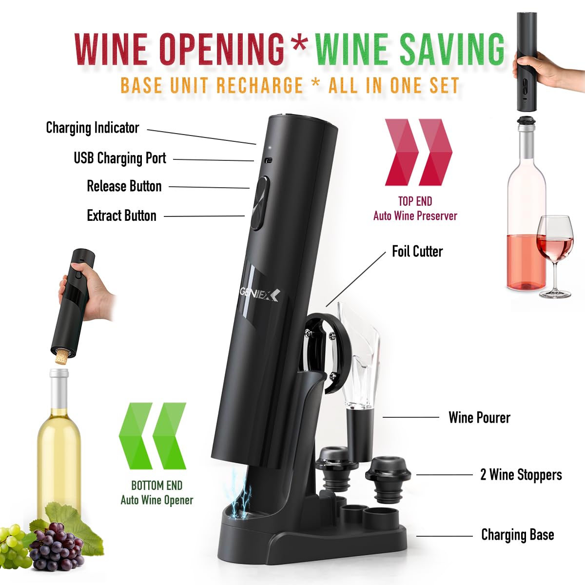 Abridor de vino eléctrico 6 en 1 con base de carga, parte inferior de sacacorchos automático + tapa automática de ahorro de vino | Regalo perfecto para vino
