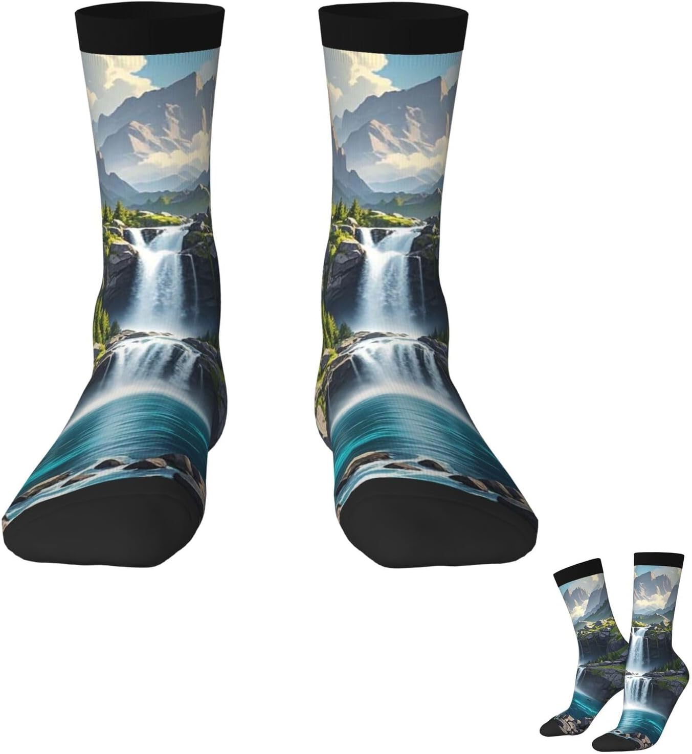 Socks for Women Men Warm Breathable Boot Socks Mountain Waterfall Calf Socks Crew Sock for Hiking
