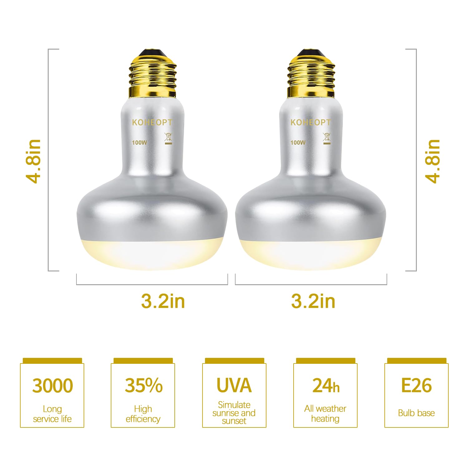 KOHEOPT Reptile Heat Lamp 100W,(2 Pack) Heat Emitter UVA Heat Lamp Bulb,Intense Basking Spot Simulated Natural Sunlight Heating Lamp Bulb, Fit E26 Pet Lighting fixtures,for Bearded Dragon, Lizard - image 2