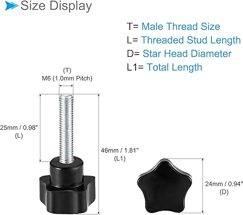 Miniatura 15 de Perillas de sujeción de estrella, rosca macho M6 x 1.969 in, cabeza de 1.260 in, mango de tornillo de pulgar de plástico, perno roscado negro
