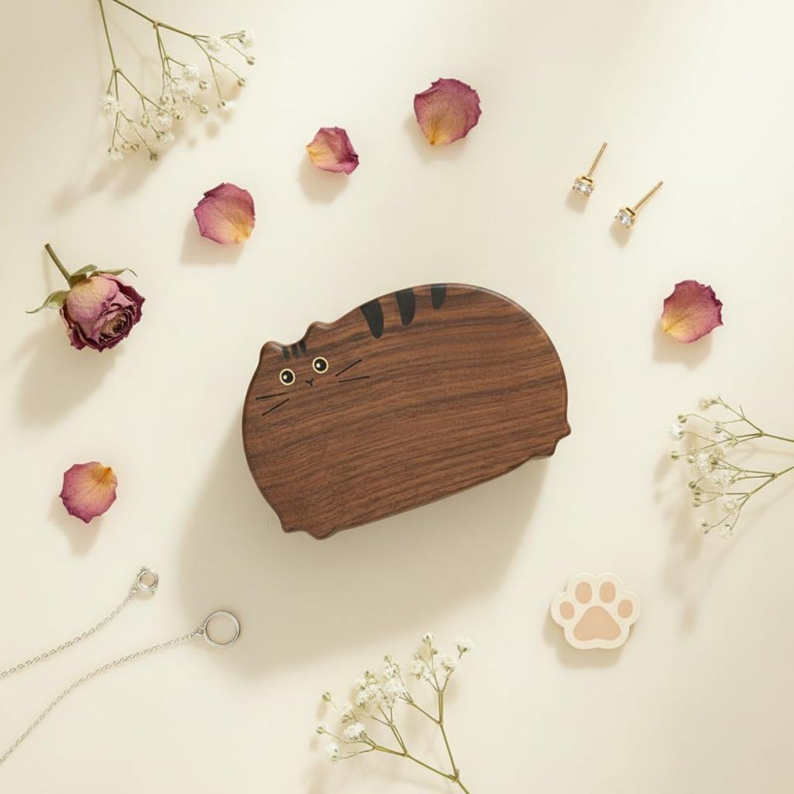TISHITA Boîte à Bijoux Chat Coffret Organisateur Écrin en Bois avec Finition Lisse et Couvercle Sécurisé Intérieur Velours pour Bijoux Délicats Adaptée aux, Noyer Noir