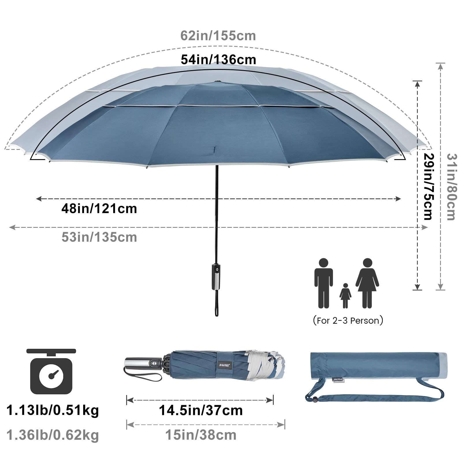 G4Free Wiatroszczelny, odwrócony parasol z odblaskowym paskiem, duży, kompaktowy, odwrócony parasol golfowy na deszcz, 10 żeber, podwójny baldachim, parasol podróżny, automatyczne otwieranie i