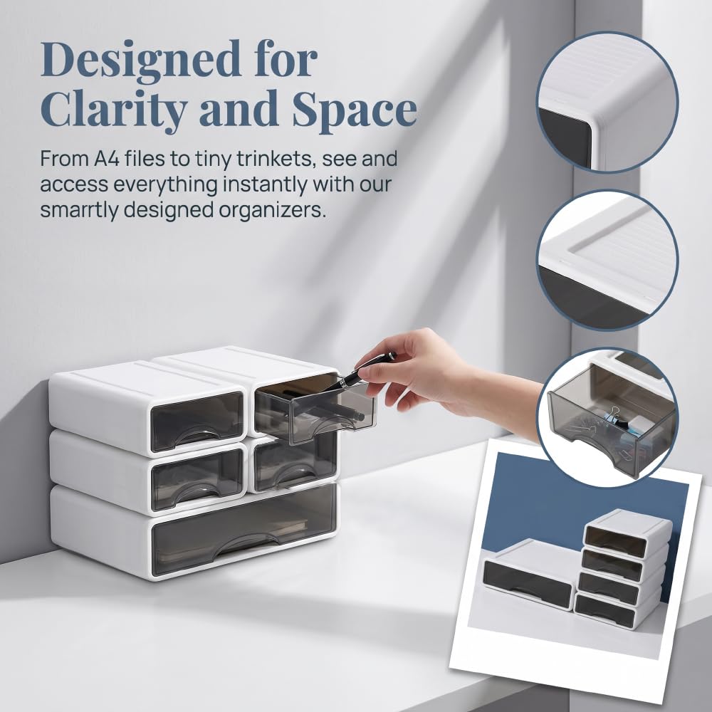 5 Set di Organizer da Scrivania, 25x17x7,5cm/34x25x9cm Scatole Impilabili per Cassetti da Scrivania Organizer Cassetti Salvaspazio Cassettiera Plastica Scrivania Contenitore per Casa, ufficio