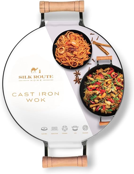 Silk Route Home Non-Stick Cast Iron Wok 32cm - Heavy Duty Pre-Seasoned Stir Fry Pan with Heat Resistant Beechwood Handles for Asian Cooking, Noodles, Curries & Deep Frying