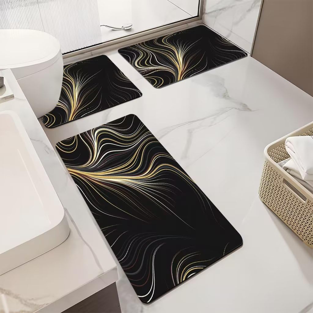 Tappeto Bagno Linee Oro Nero Tappeti Bagno 3 Pezzi Asciugatura Rapida Diatomite Facile da Pulire Doccia Antiscivolo Assorbente Set Tappeti 3 Pezzi