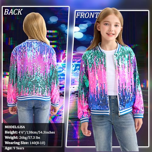 Image of LOLANTA Girls Sequin Jacket, Long Sleeve Kids Bomber Coats with Pockets, Spring Fall Outfits for 4-15 Years