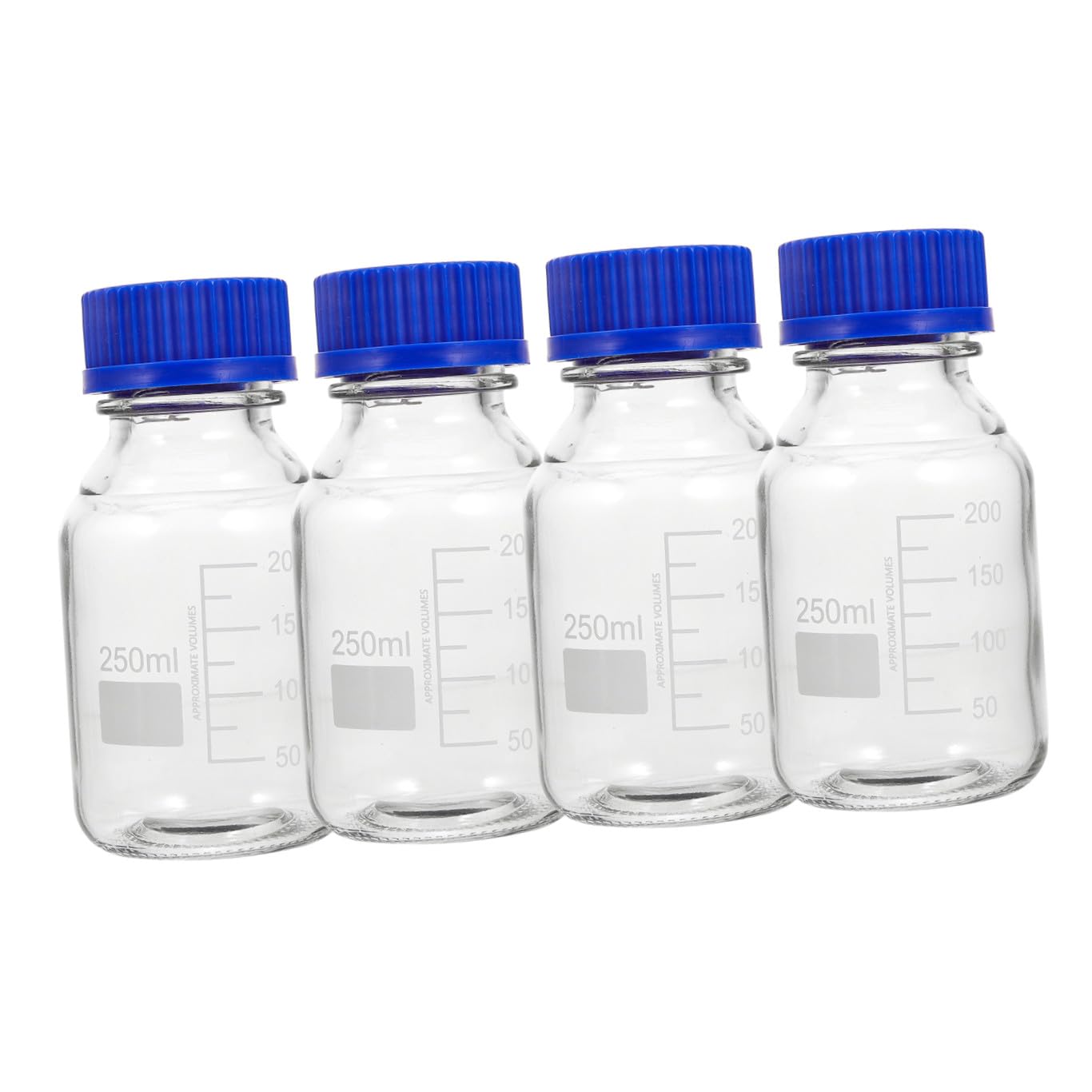 Confezione 4 Pezzi Bottiglie di Reagente Graduata in Vetro Trasparente con Tappo a Vite Blu Capacità 250ml Resistenti a Urti e Usura per Laboratorio e Aula