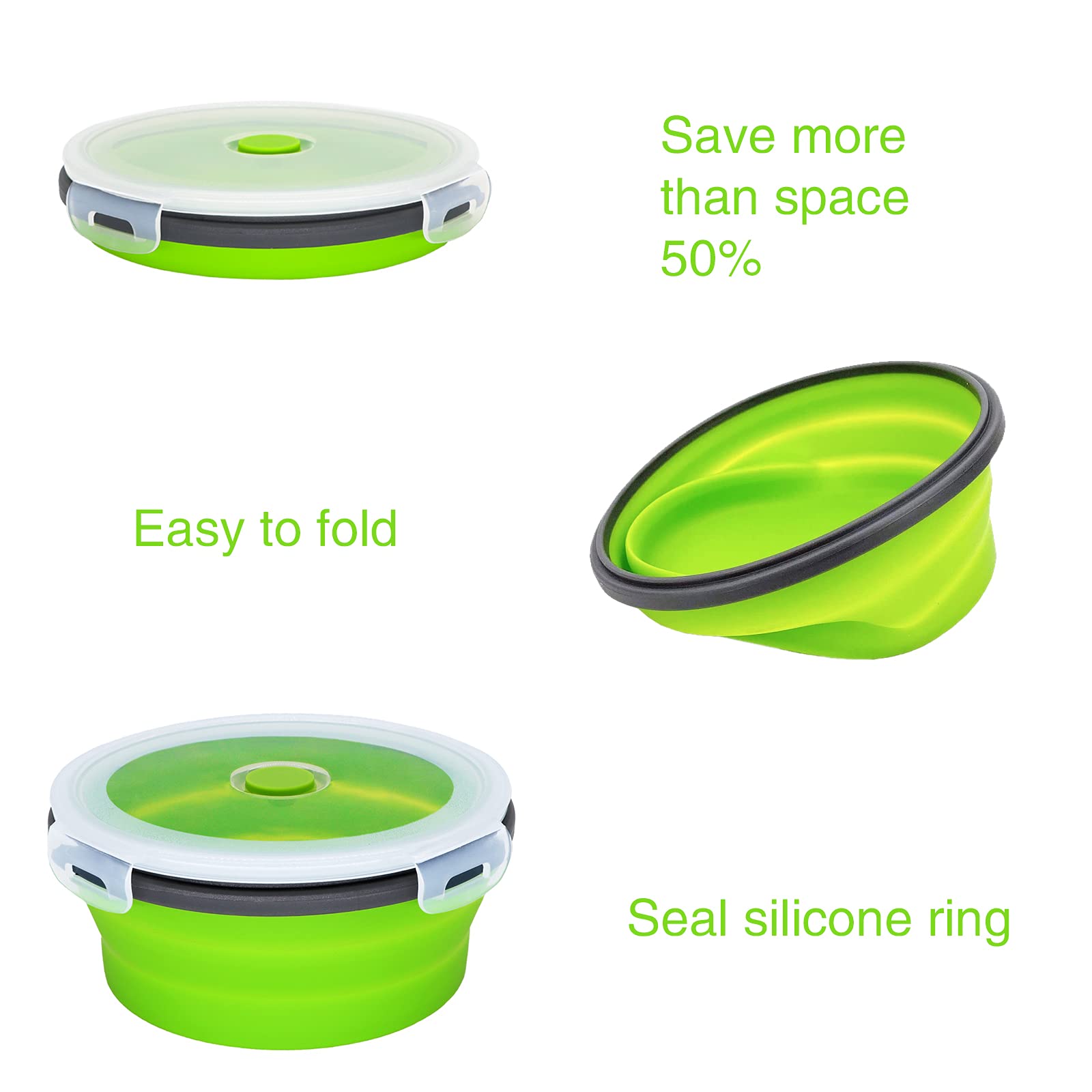 NEUSID Ciotola da campeggio portatile, in silicone, pieghevole, con coperchio, per viaggi, campeggio, escursionismo, picnic, cucina, 500 ml, verde