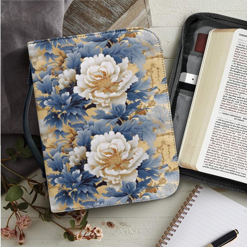 Garronmavis Boho Peony Bible Cover Flowers Painting Bible Case Floral Painting Bible Tote with Matched Leather Keychain - XL - Image 3