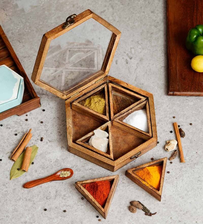 CLASSIC WOOD CARVER Handcrafted Hexagon Wooden Spice Box for Kitchen - Spice Box For Kitchen Indian Wood Container With Lid and Spoon - 6 Container