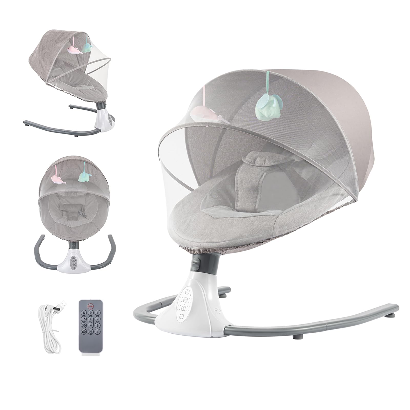 Babywippe Elektrisch 0–18 Monate, 4 Stufen, bis 18 kg, Grau