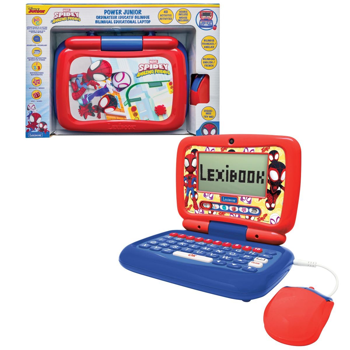 LEXIBOOK, Spidey, Bilingual Educational Laptop FRENCH/ENGLISH, 40 Activities, Syllabic and Fun Method, 3 Animated Stories, Realistic Keyboard and Mouse, JC398SPi1LXB
