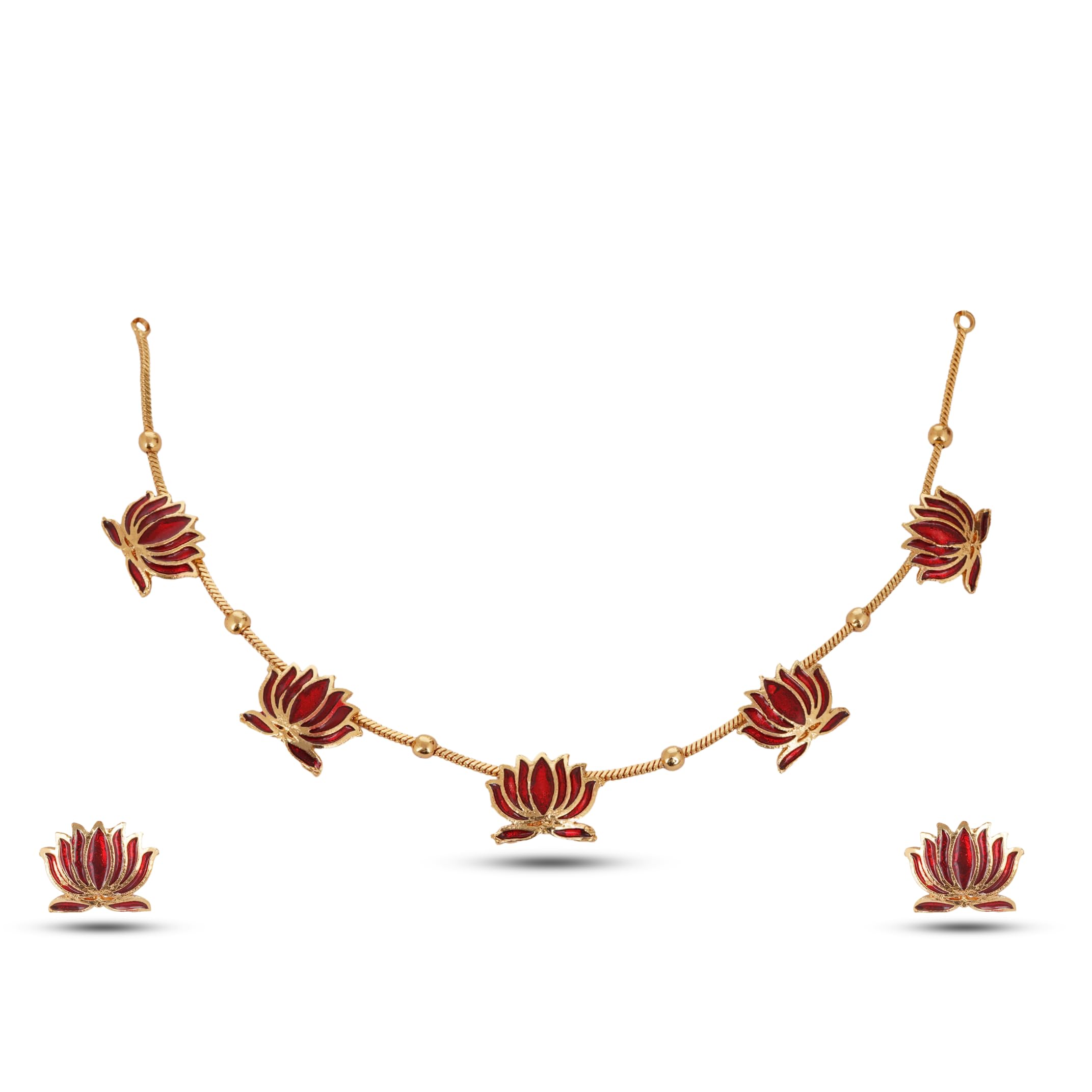 Lotus Floral Choker Necklace Set with Earrings Gold Plated Matte Finish, Red and Green Enamelled with Pearls | Traditional Trendy Jewellry for Women and girls-image-45
