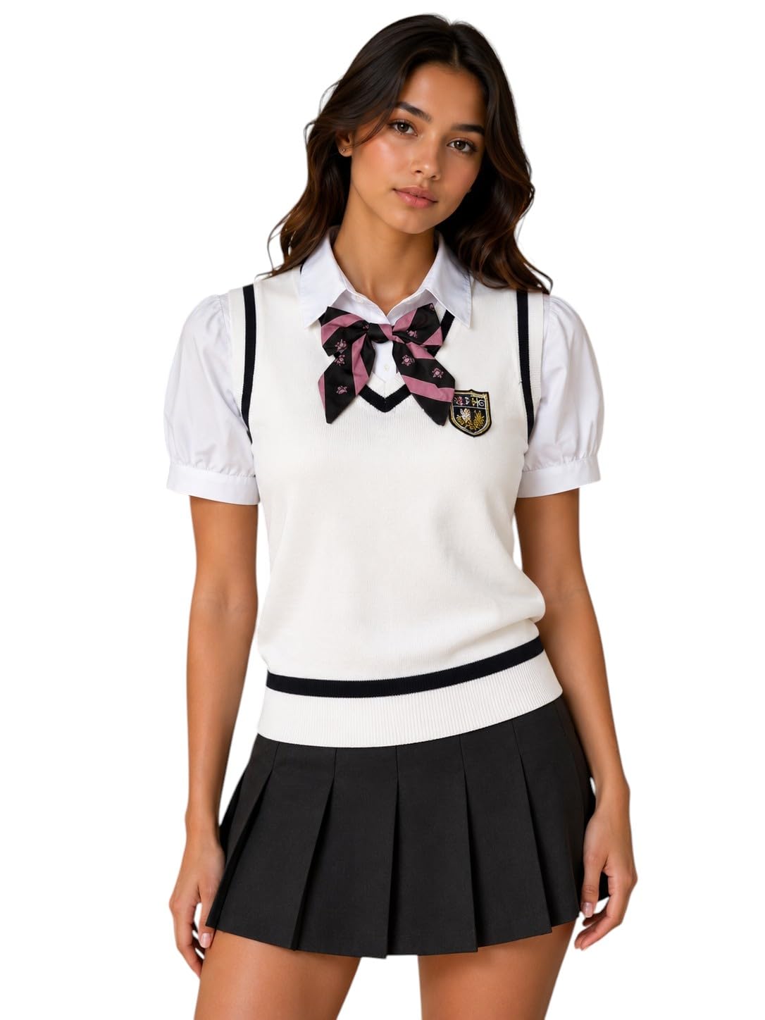 mystify Women's Preppy Knit Sweater Vest, V-Neck, Embroidered Crest Patch, School Uniform Style, with Bow Tie-picture-35