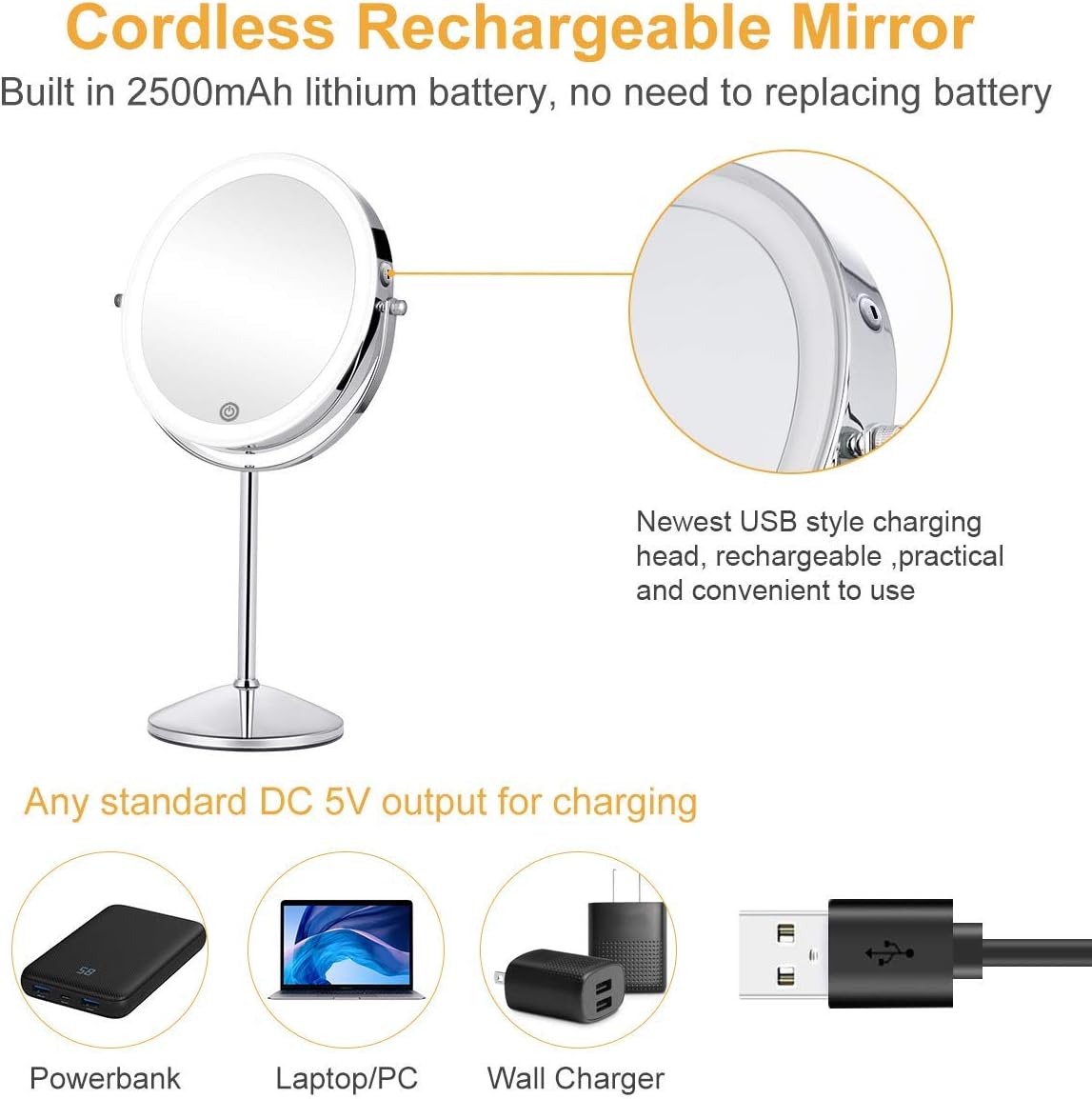 KEDSUM Rechargeable 1X/10X Lighted Magnifying Vanity Mirror, 8" Double Sided Lighted Makeup Mirrors with Magnification 3 Lighting Modes, Cosmetic Mirror with Stand, Brightness Adjustable -
