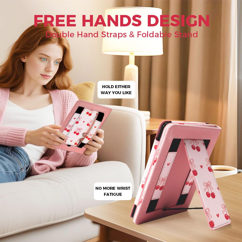 Custodia rosa con fiocco di ciliegia per ereader da 7"/6", compatibile con Kindle Paperwhite 12a/11a generazione, MEEBOOK, PocketBook, Boox, Colorsoft, graziosa custodia per libri con cinturino da