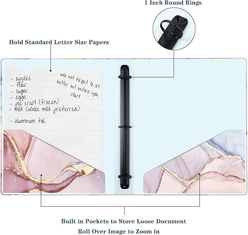 Vista 23 de WAVEYU Bonita carpeta de 3 anillos de 1 pulgada con bolsillos interiores tamaño carta para suministros de oficina escolar, flor gris
