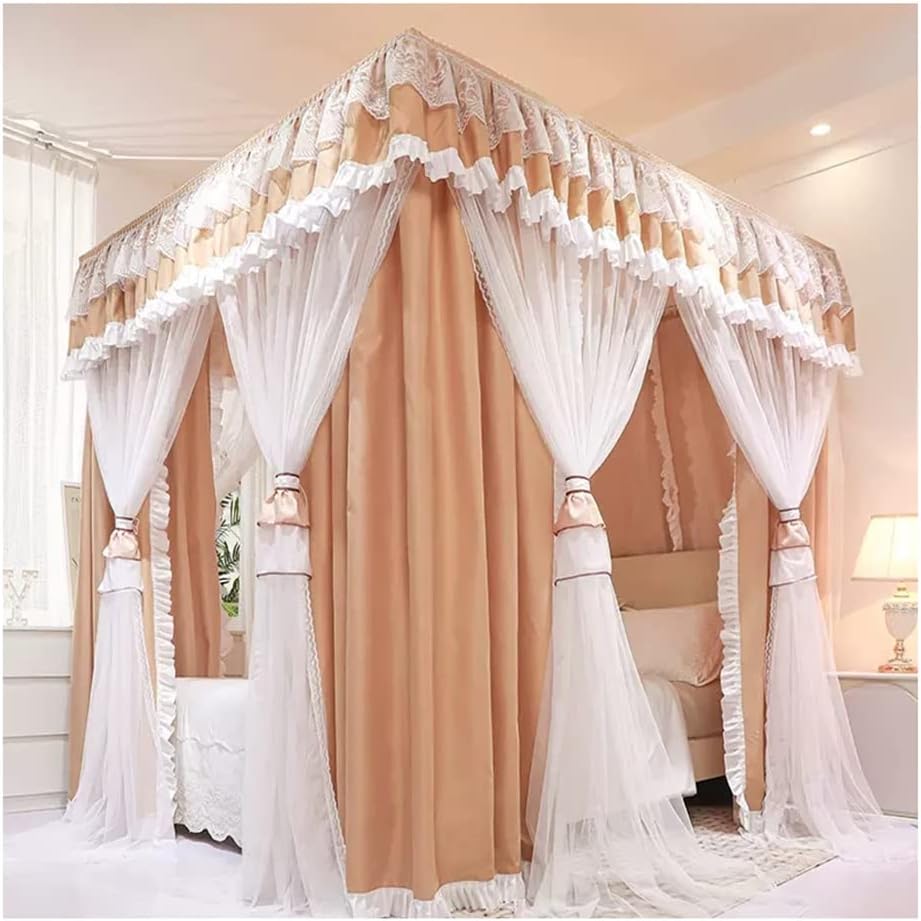 European Style Palace Bed Canopy Mosquito Net, Girls Princess Room Single Double Romantic Bed Curtain, with Bracket/Yellow/200 * 220Cm,Khaki 180 * 200Cm