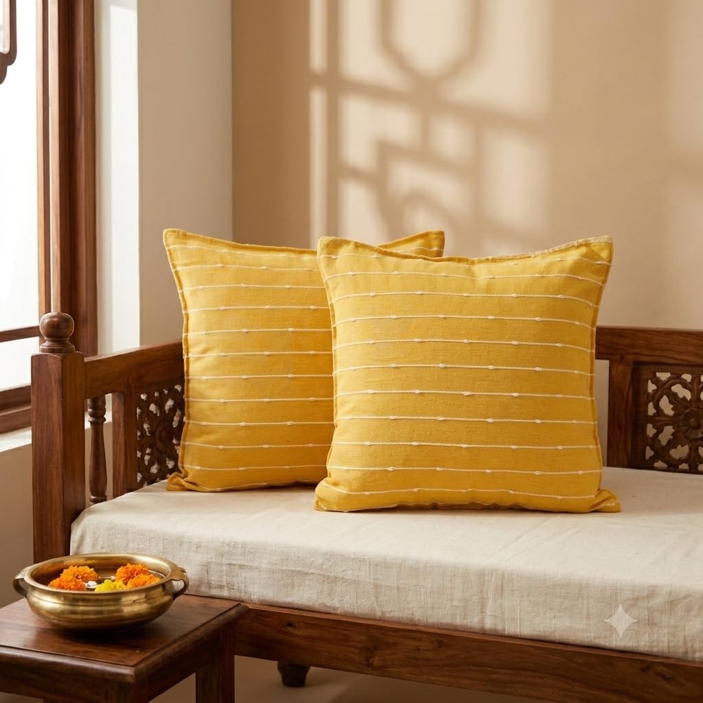 Handloom Cotton Cushion Covers with Concealed Top Zip | Decorative Striped Woven Cushion Covers for Sofa, Living Room & Bedroom | 16 x 16 Inches | Yellow (Yellow, Set of 2)-image-48