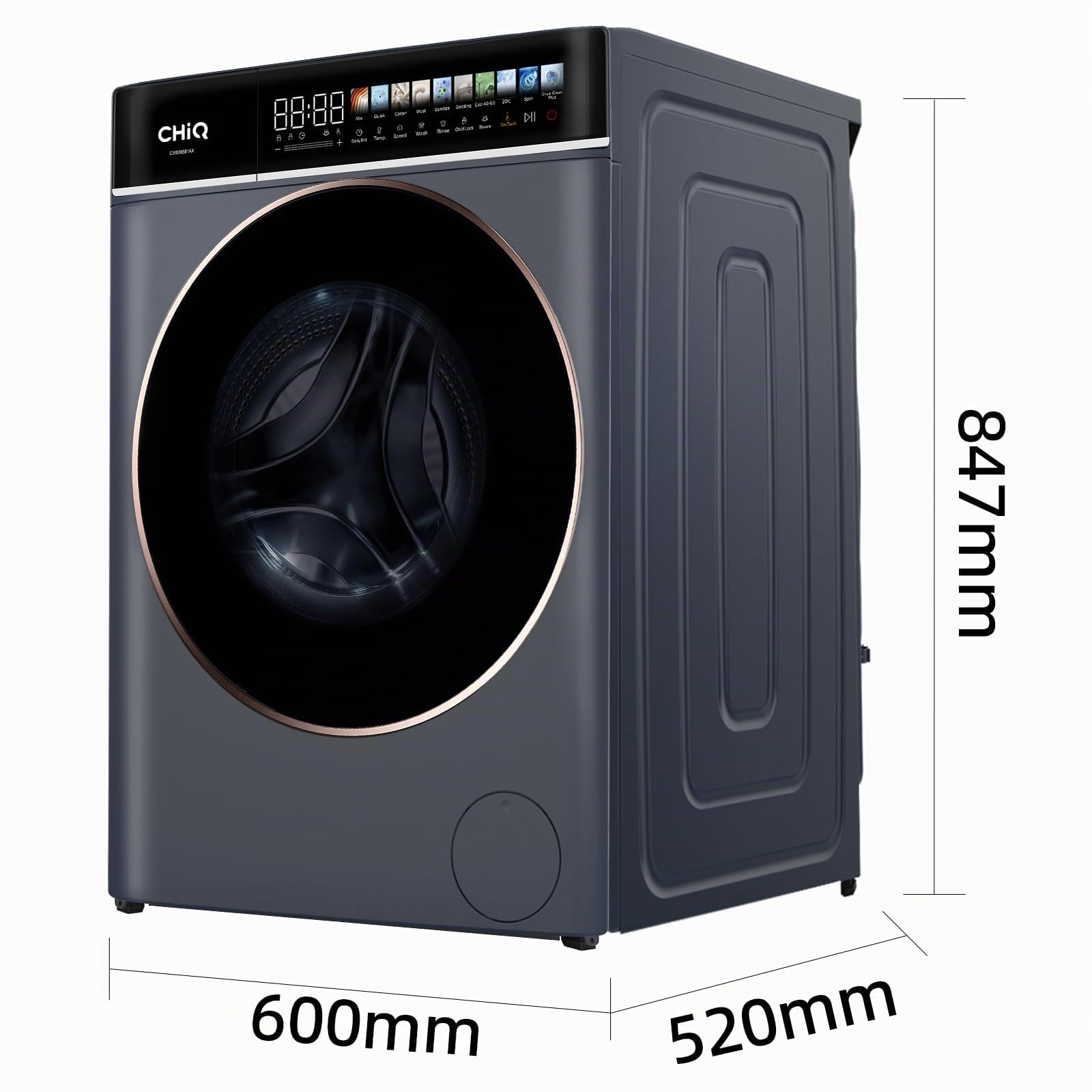 CHiQ Waschmaschine 8kg Frontlader, 1400 U/min, EEK A-15%, Touchscreen, Dampffunktion, 52cm tief, Schwarz