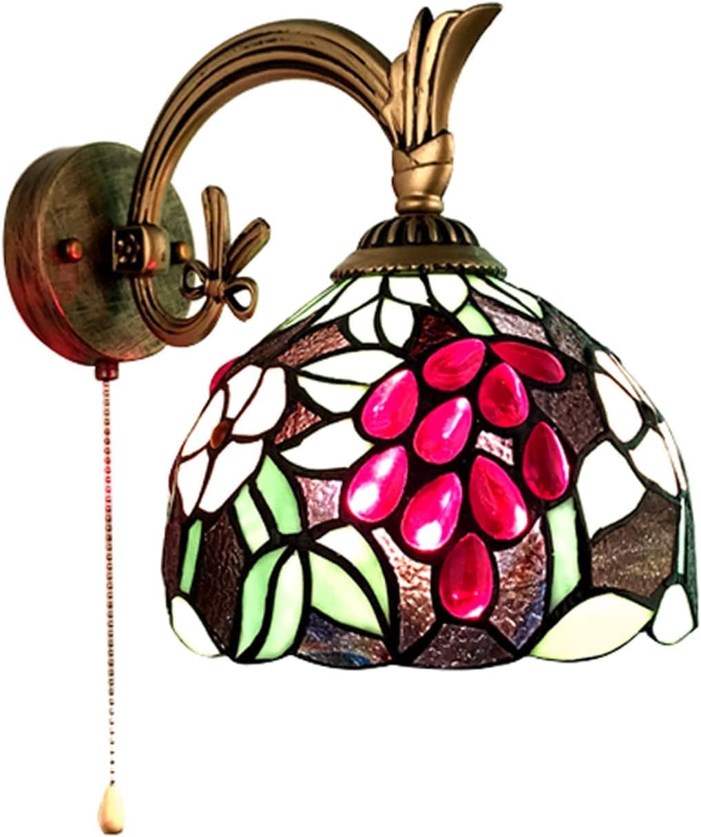 HYJAUSXB Wall Lamps Sconces Sconce Lamp Vintage Stained Glass Art Lights with Pull Chain Pastoral Decorative Bedroom Light Fixtures for Aisle Stairwell Corridor(Rose)