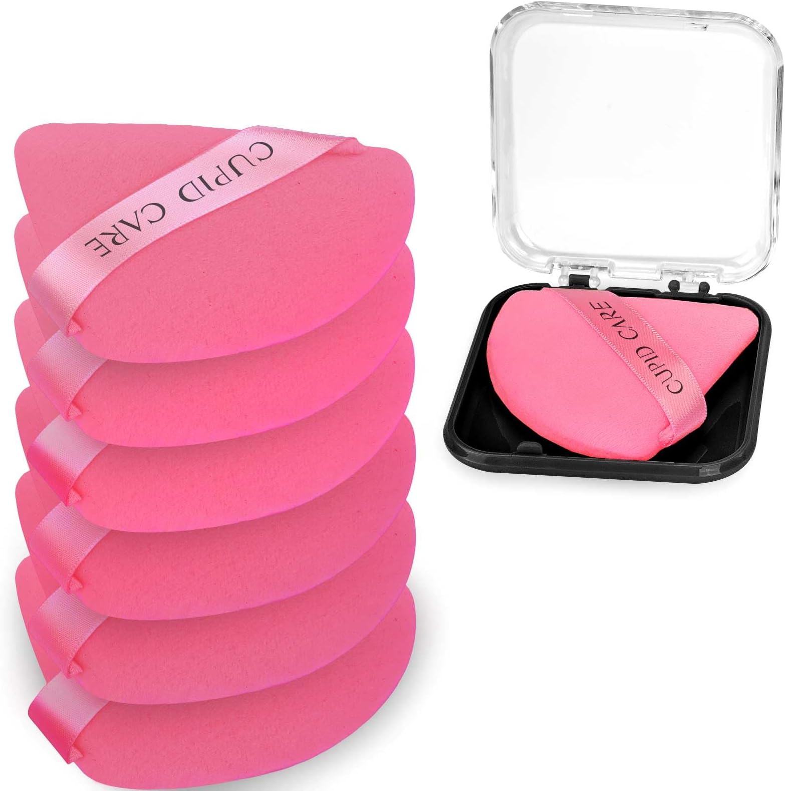 6 Pcs Triangle Powder Puff with 2 Travel Cases, Setting Powder Puffs for Face Powder and Foundation, Velour Makeup Puff for Loose Powder Body Powder, Skin-Friendly, Beauty Makeup Tools-Red