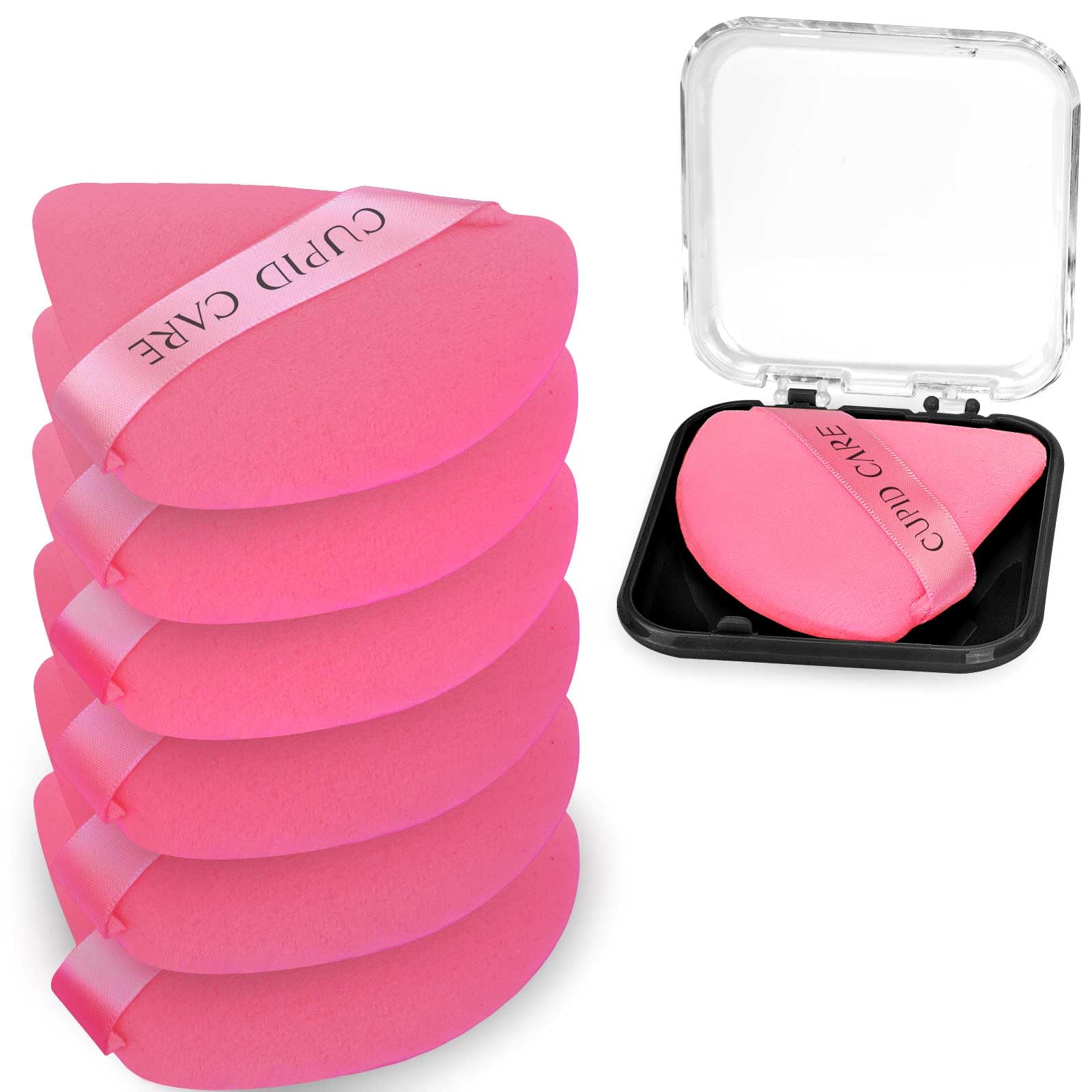 6 Pcs Triangle Powder Puff with 2 Travel Cases, Setting Powder Puffs for Face Powder and Foundation, Velour Makeup Puff for Loose Powder Body Powder, Skin-Friendly, Beauty Makeup Tools-Red