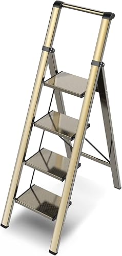 Miniatura 11 de GameGem Escalera Plegable de Hierro de 4 Escalones Taburete Escalón con Antideslizante y Pedal Ancho para Uso en el Hogar y la Cocina Ahorro de Negro