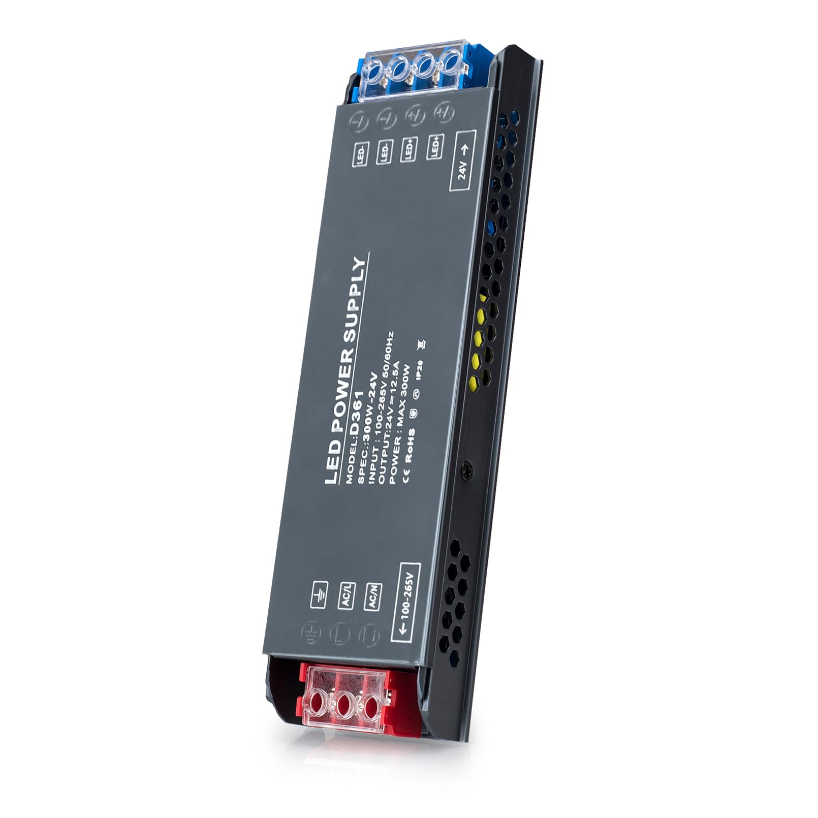 BRIMETI 24V LED Driver 300W LED Transformer AC 240V to DC 24 Volt 12,5A Ultra Slim Power Supply Constant Low Voltage Switching, Adapter for Strip Light Cabinet Lights