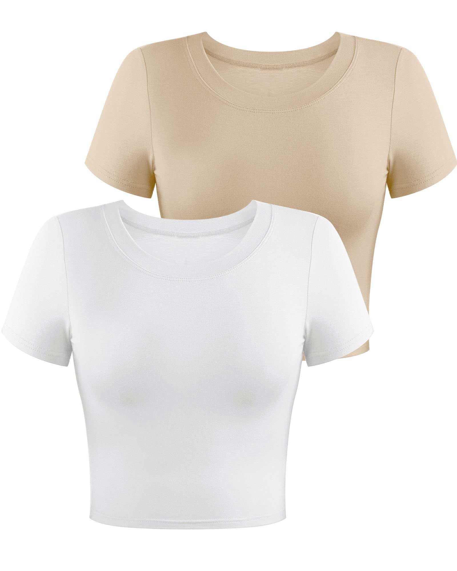 Syhood 2 Pack Women's Short Sleeve Crop Tops, Basic Round Neck Workout Sets Slim Fit Cropped Top Tight T Shirt