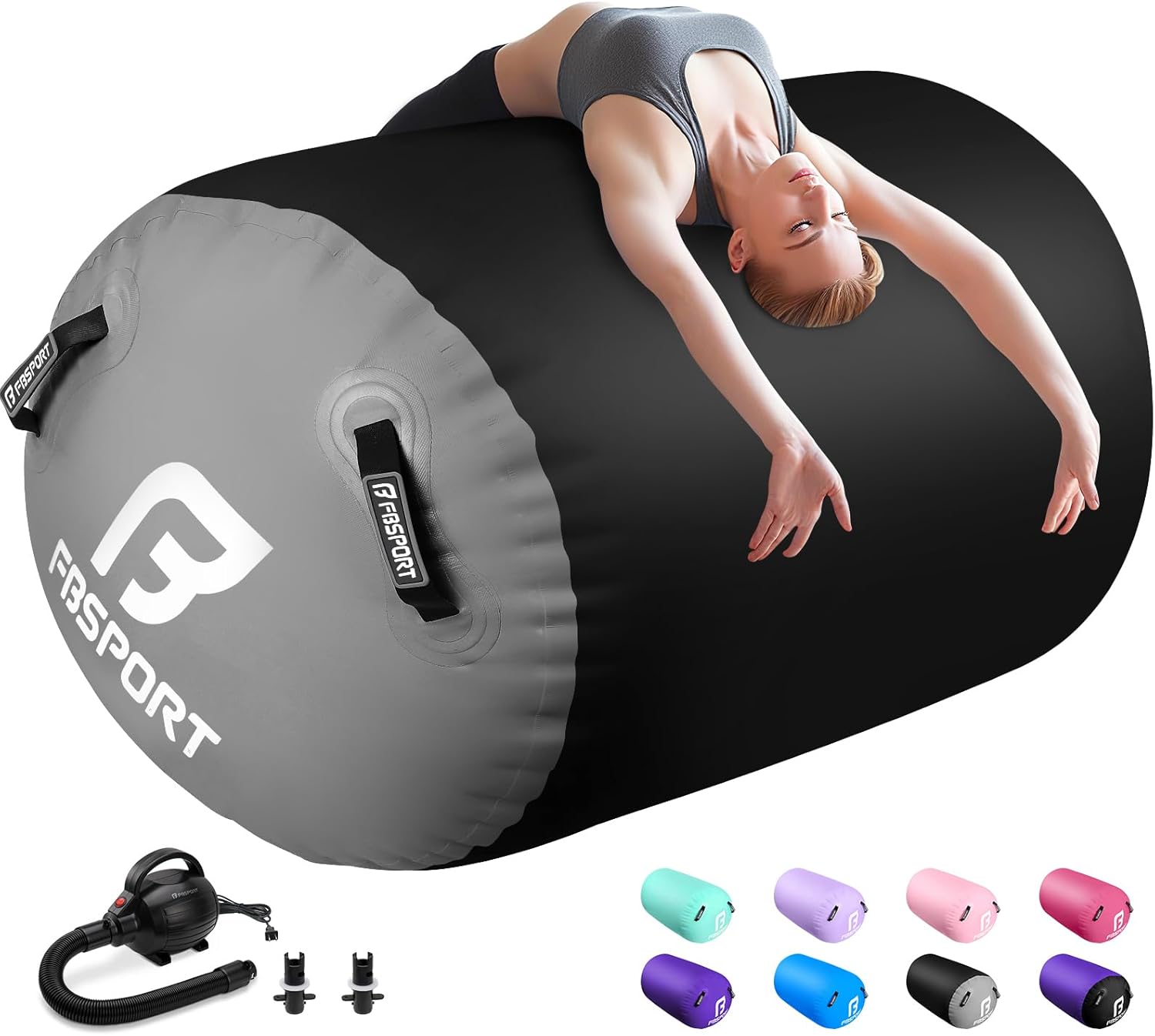 Air Roller Gymnastics Barrel, Inflatable Gymnastics Air Roller Inflatable Air Gymnastics Mat with Electric Pump for Yoga Cheerleading Training Home Outdoor Use Air Roller-Black 39.37x23.6inch