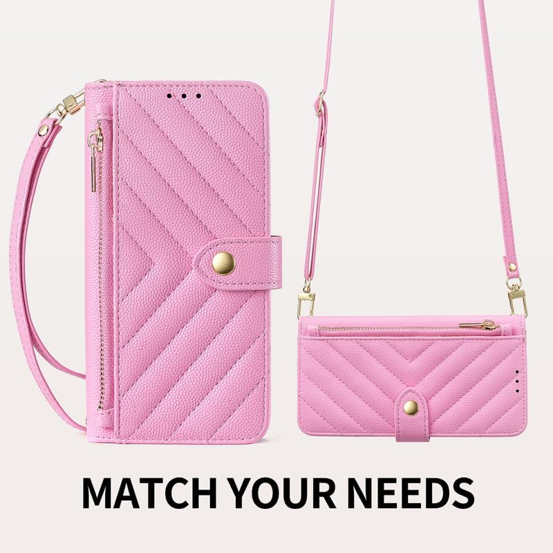 Designed for Samsung Galaxy S26 Ultra case V-Quilted Leather Crossbody Wallet with Card Slots Zipper Pocket Kickstand Wrist Strap & Adjustable Shoulder Strap - Hot Pink