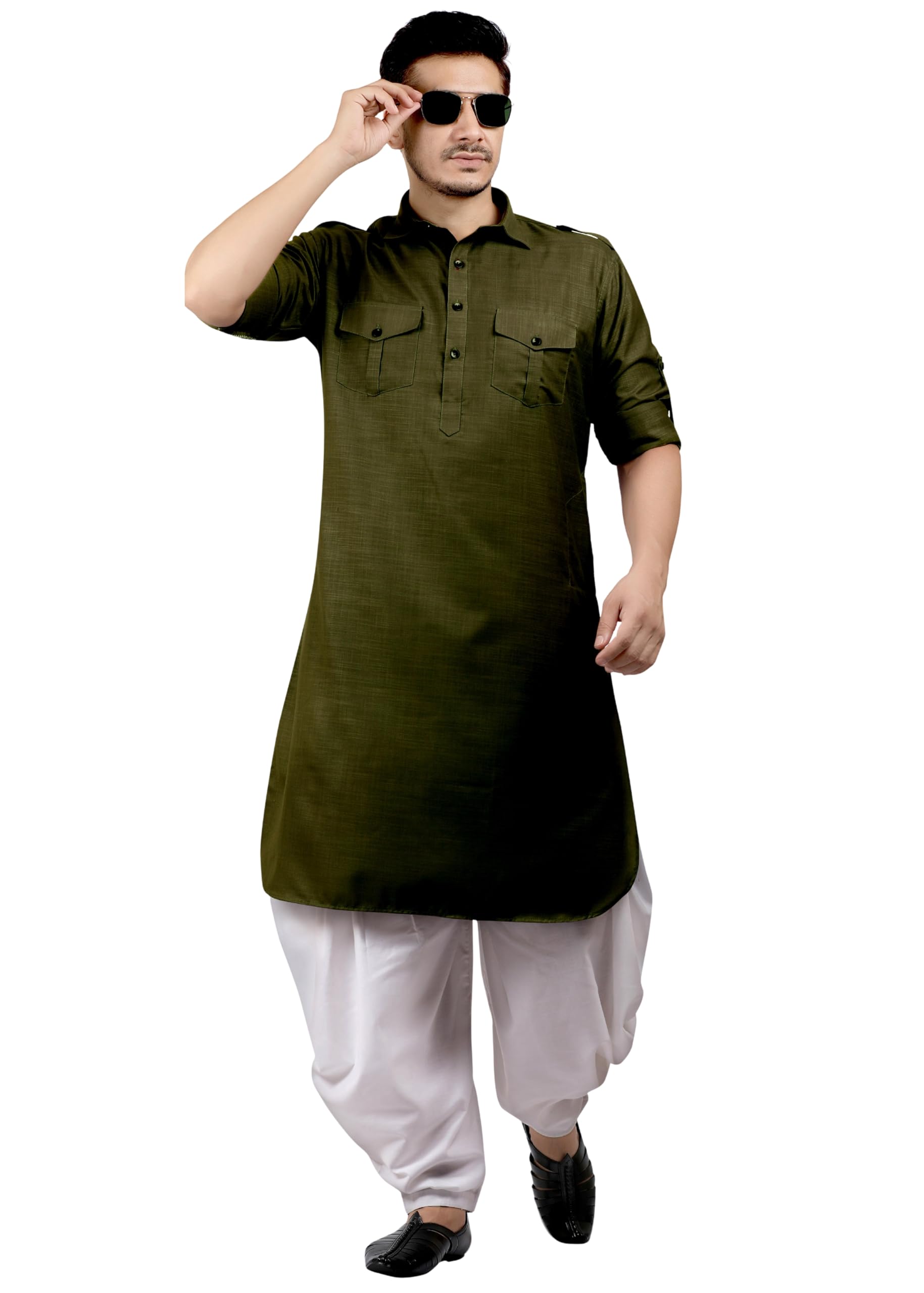 k-royals Olive White Dhoti Salwar Pathani Suit for Men's/New Cotton Blend Kurta Pyjama Set-picture-52
