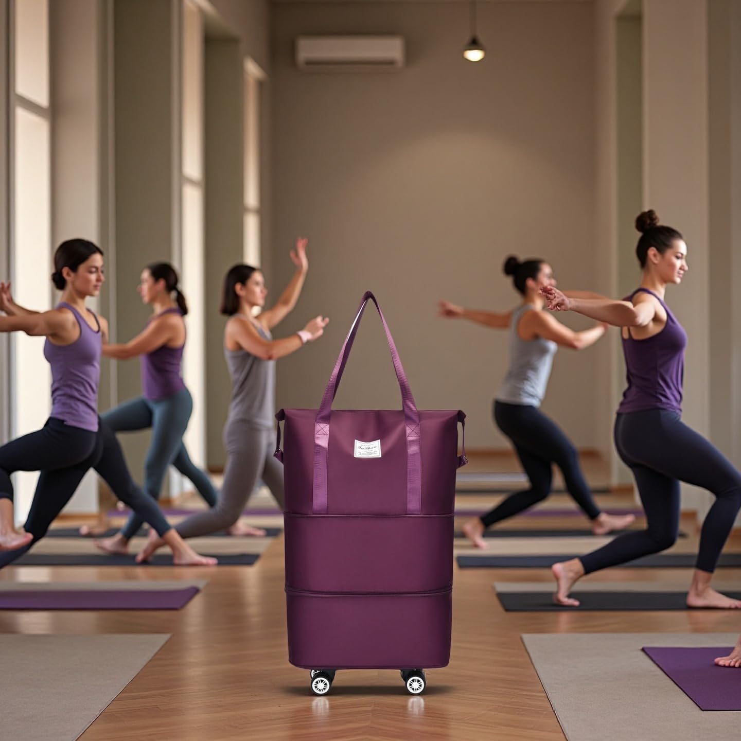 Expandable Foldable Duffel Bag with Detachable Wheels, 64L Large Capacity Rolling Travel Duffle Bag, Lightweight Carry on Luggage with Spinner Wheels, Weekend Gym Tote Bag (Deep Purple) - Image 2