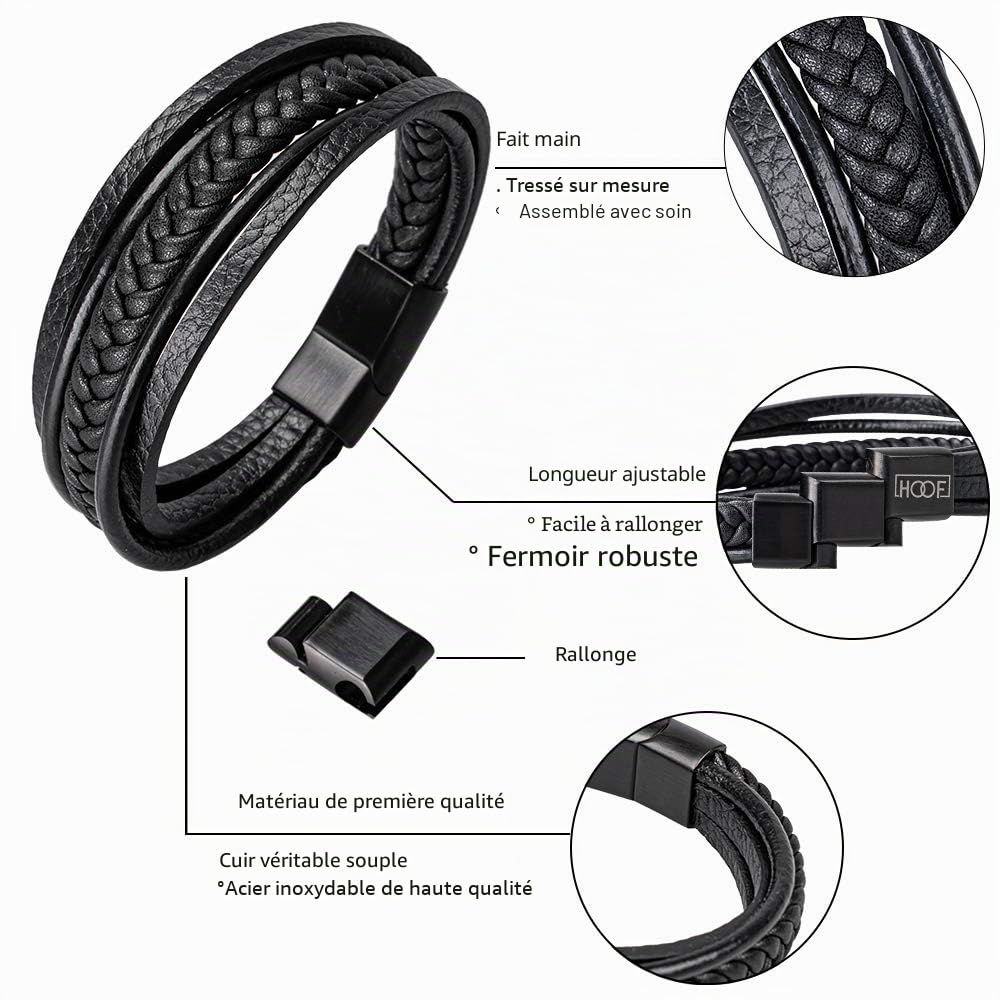 HOOF | Brassard pour homme aus echtem Leder Schwarz/Braun | Geflochtener Armreif | 19,5 cm – 27 cm | Magnetverschluss Edelstahl | Edle Schmuckschachtel Box | Geschenk für Männer, Freunde, Partner bis