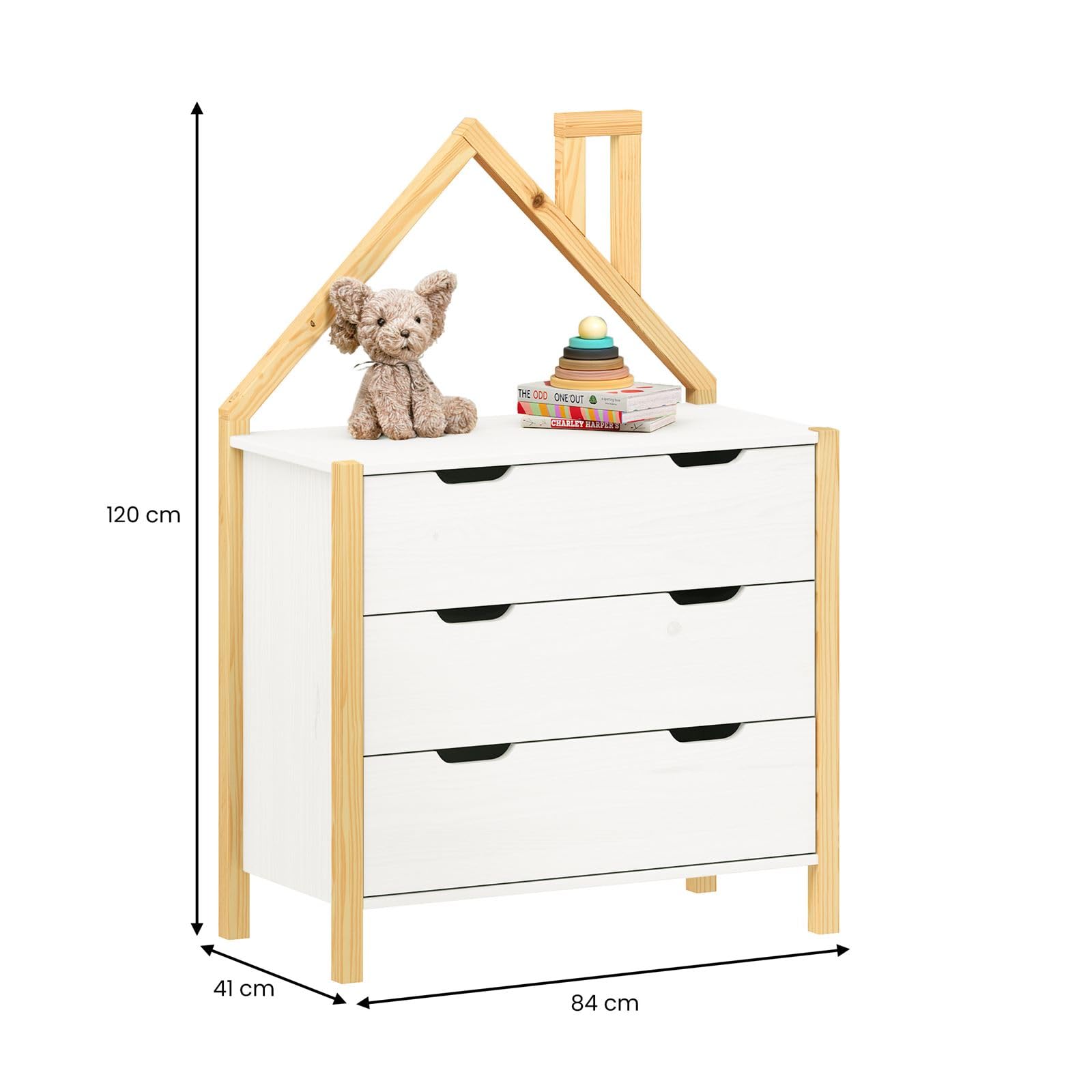 IDIMEX Cassettiera ELANO a forma di casa – bianco in legno di pino massiccio, 3 cassetti grandi, per cameretta dei bambini, armadio, cassettiera