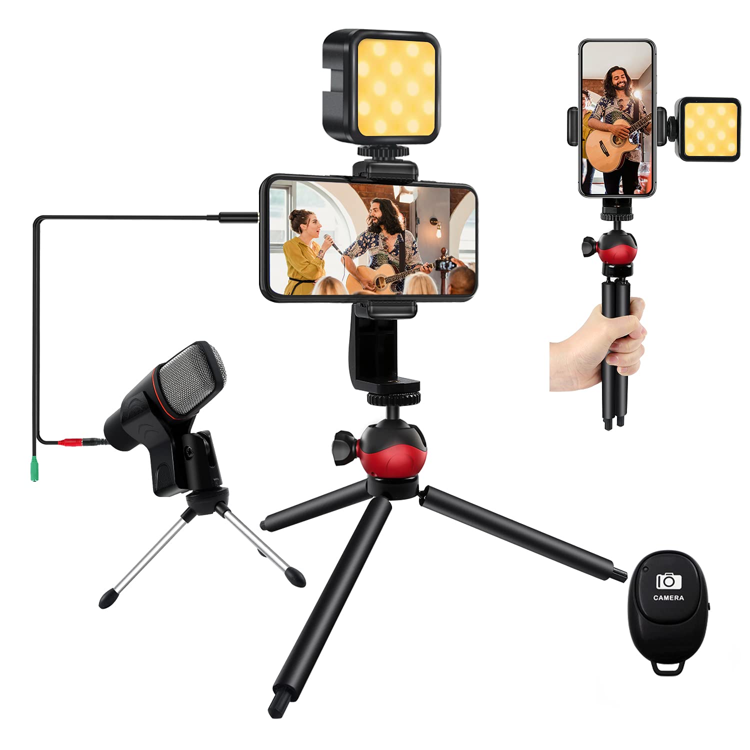 HUNRIM Vlogging Kit for iPhone Vlog Kit YouTube Equipment for Video Recording Tiktok Fitness Yoga with Microphone + Phone Clip + Tripod + LED Light + Remote Shutter