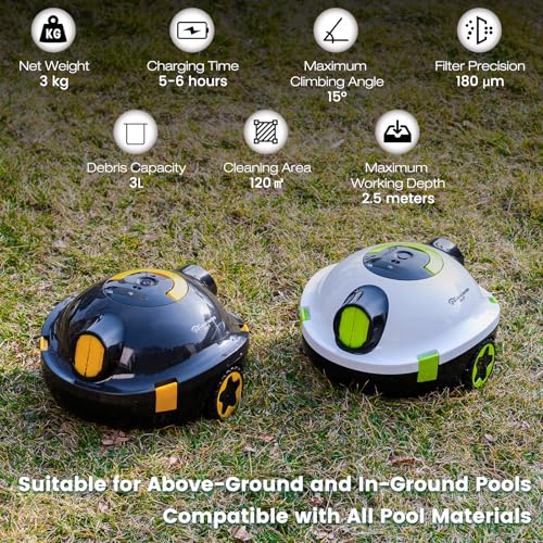 EVERCROSS BOT Y10 Poolroboter, Poolroboter Akku für die Bodenreinigung, 100 Min Batterielaufzeit, für Pools bis zu 120㎡, Automatische Poolsauger mit Selbsteinparkfunktion 180 μm Filter (Weiß) – Bild 4