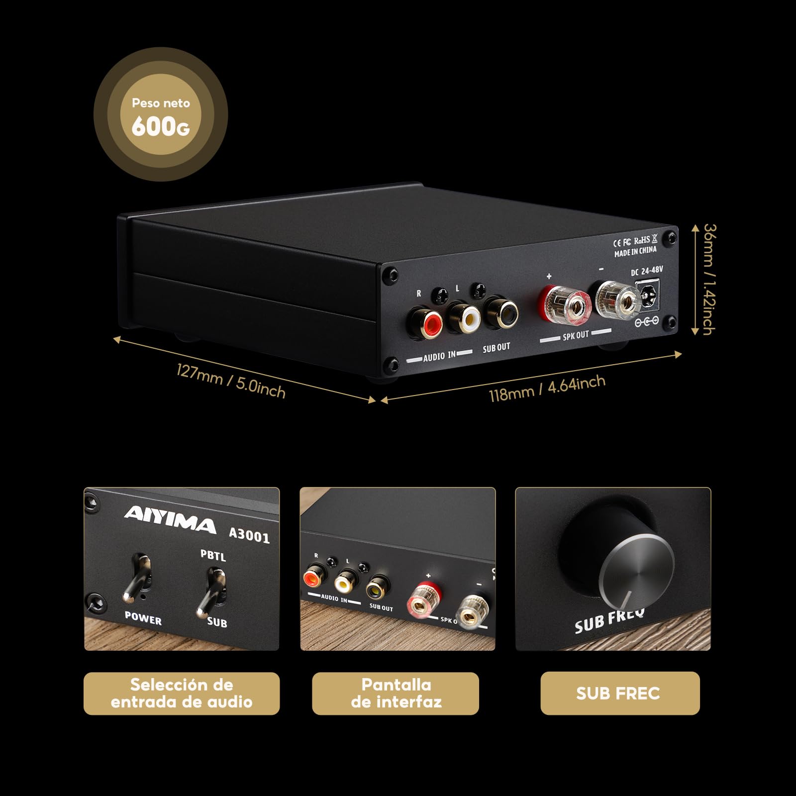 AIYIMA A3001 TPA3255 - Amplificador Mini de Subwoofer 200W, Potencia Mono HiFi Clase D, Frecuencia Completa y Subgraves Conmutables, DC 24V-48V Sub Amp