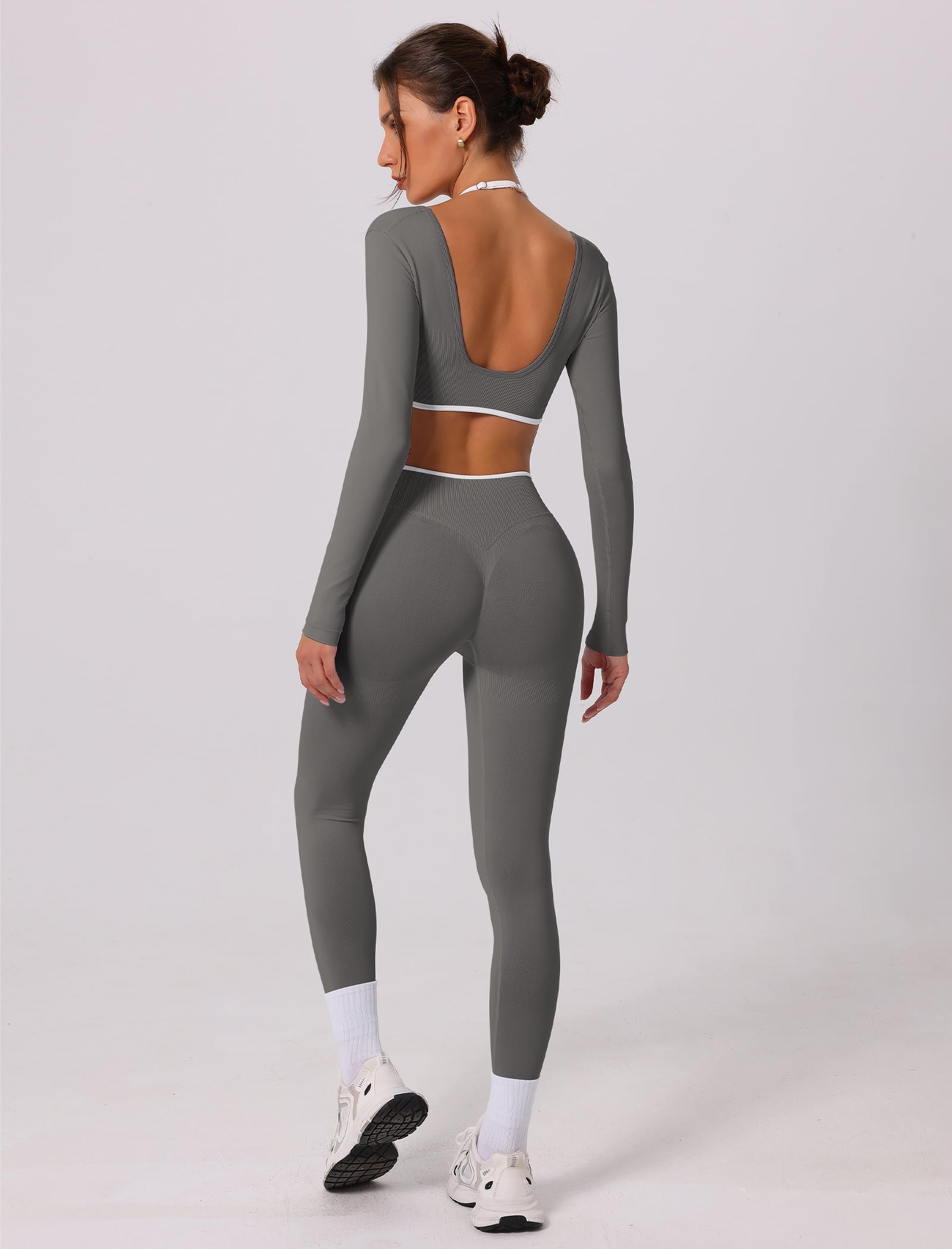 IDOPIP Workout Set Damen Rückenfrei: Zweiteiler Kontrastfarbe Sport Set Hohe Taile Po-formende Leggings und Top mit integrierten Cups - Jogginganzug für Fitness Yoga Pilates Gym