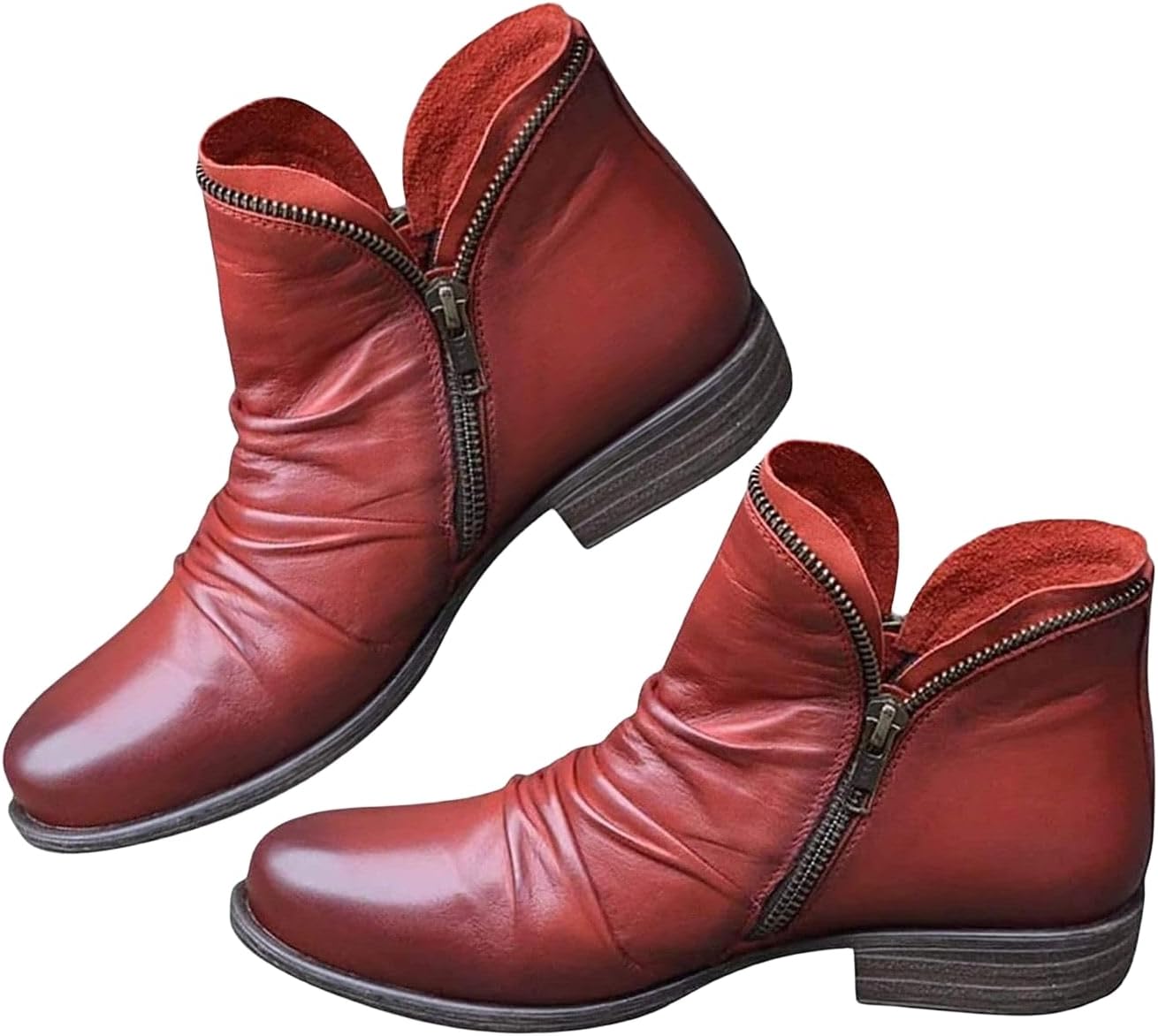 Women's Vintage Casual Short Ankle Boots Creped Leather Pointed Toe Low Heels Booties Side Zipper Retro V Cut Combat Boots