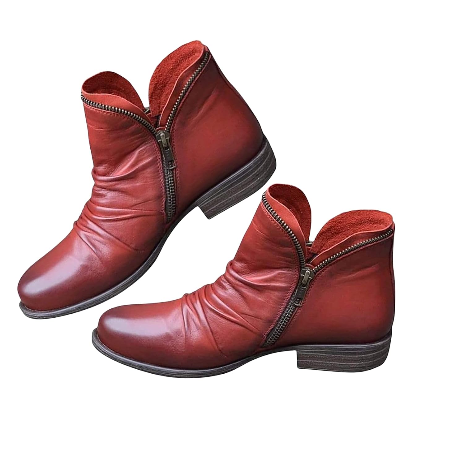 Ankle Boots for Women Comfortable Soft Sole Leather Flat Boot Fashion Round Toe Zipper Short Boot Warm Water-Resistant