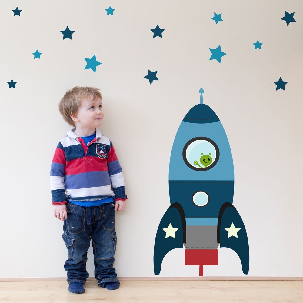 Stickerscape Blue Blast Off Rocket Blast Off Rocket Wall Sticker (Blue - Large) | Nursery Wall Stickers, Space Wall Stickers, Nursery Wall Decor, Rocket Wall Decal | Easy To Apply, Cleanly Removable