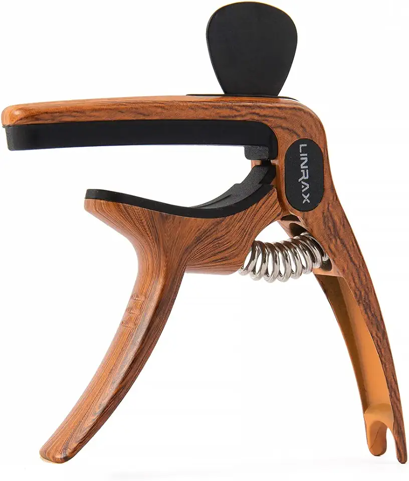 C1 Capo de Guitarra, 3 em 1 Capotraste com Suporte de Palheta e Extrator de Pino de Ponte, Capo para Guitarra Violão Baixo Ukulele Banjo Bandolim, Acessórios de Guitarra, Grão de Madeira