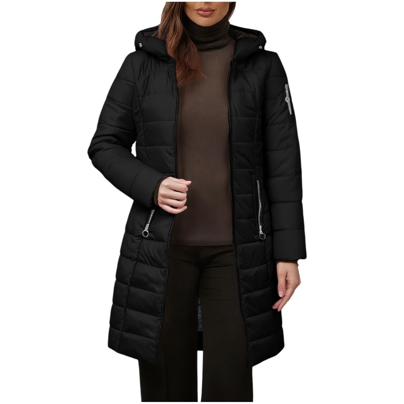 Wintermantel Damen Lang Winterjacke mit Kapuze Warm Winterparka Gefüttert Winter Jacke mit Reißverschluss Mantel Parka Einfarbig Klassisches Steppmantel Bequemes Steppjacke